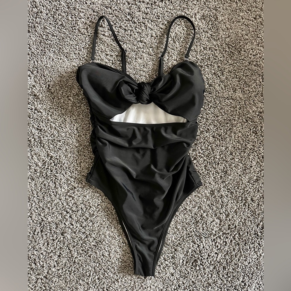 AMAZON Black One Piece Swimsuit, High Waist, Front Knot, Size Medium